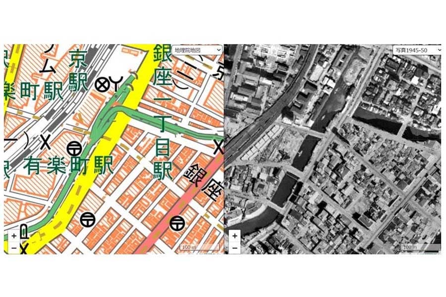 1947年頃の現在の銀座インズ周辺。かつては川が流れていた（画像：国土地理院）。