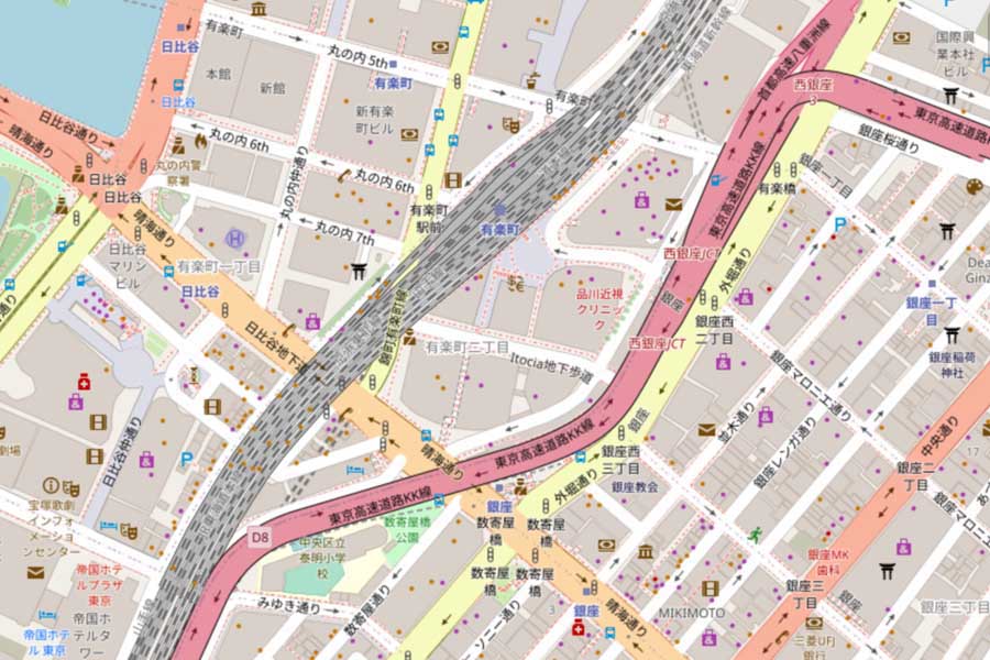 現在の「東京高速道路」周辺の地図。有楽町駅付近（画像：国土地理院）