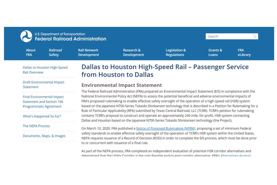 連邦鉄道局のウェブサイト。「ダラス・ヒューストン間高速鉄道 - ヒューストンからダラスへの旅客サービス」との見出し（画像：連邦鉄道局）