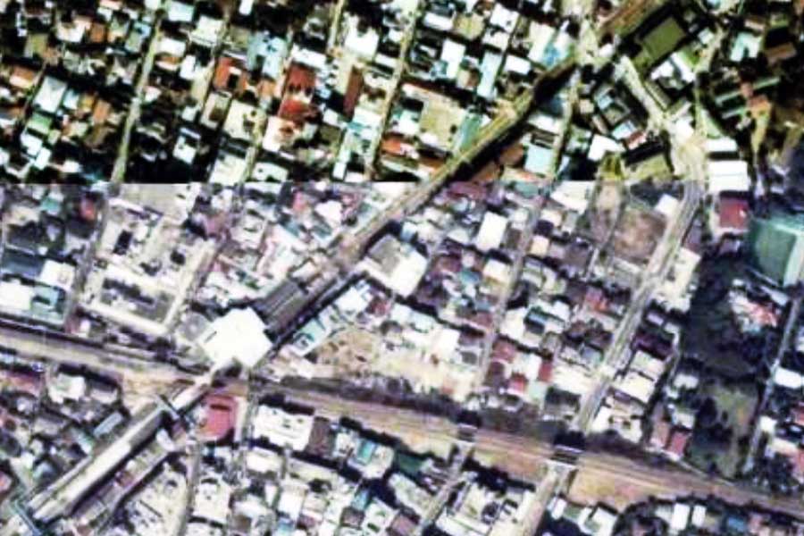 1980年頃の「下北沢駅」周辺の航空写真（画像：国土地理院）