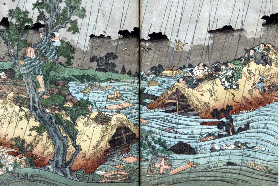 『安政風聞集』は洪水に流される人々の様子が描いている(画像 : 国立公文書館)