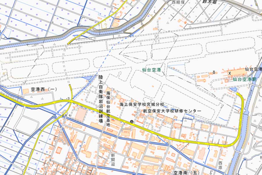 現在の「仙台空港」周辺の地図（画像：国土地理院）