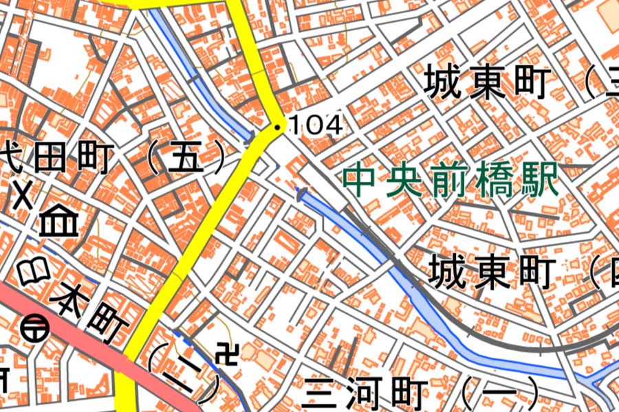 現在の「中央前橋駅」周辺の地図（画像：国土地理院）