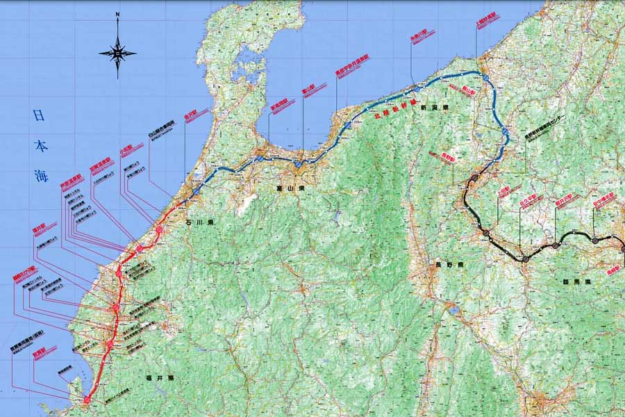 北陸新幹線の路線平面図（画像：鉄道建設・運輸施設整備支援機構）