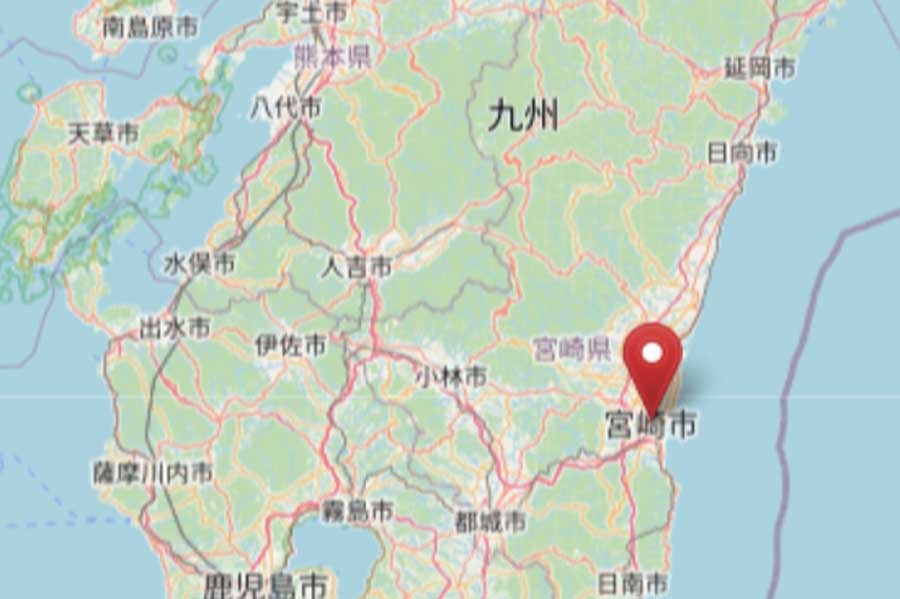 宮崎市と八代市の位置関係(画像:OpenStreetMap)