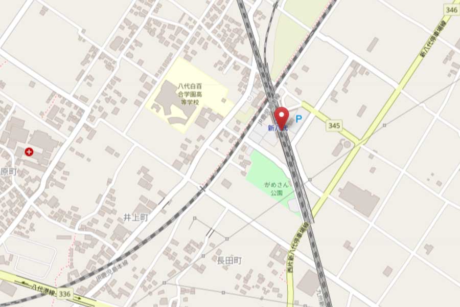 新八代駅の位置（画像：OpenStreetMap）