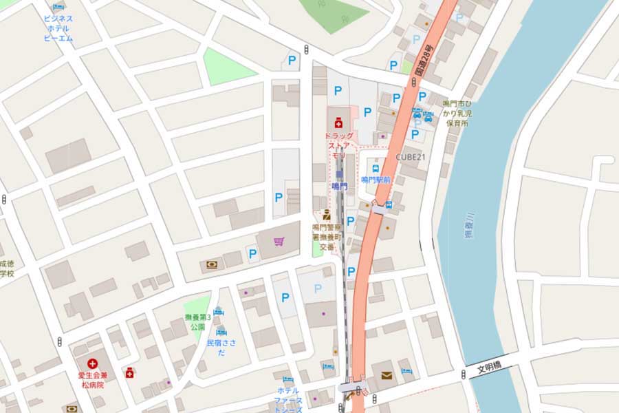 現在の鳴門駅周辺の地図（画像：国土地理院）