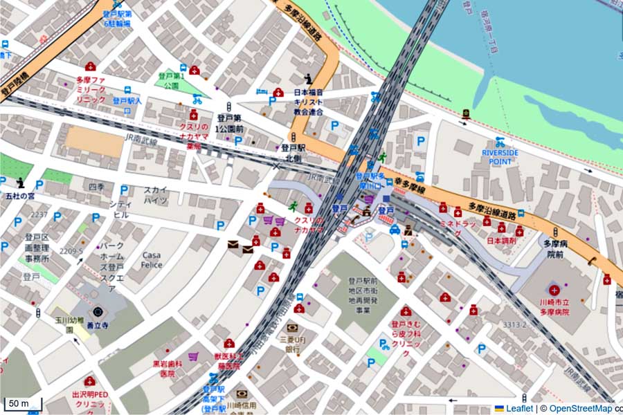 現在の「登戸駅」周辺の地図（画像：国土地理院）