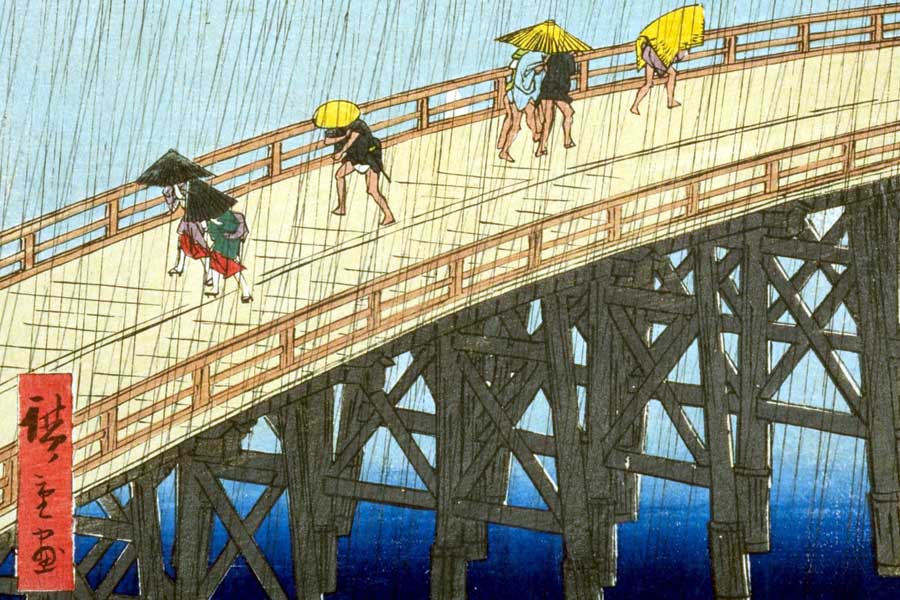 夕立に見舞われる新大橋の様子を留めた『名所江戸百景 大はしあたけの夕立』（画像 : 国立国会図書館）