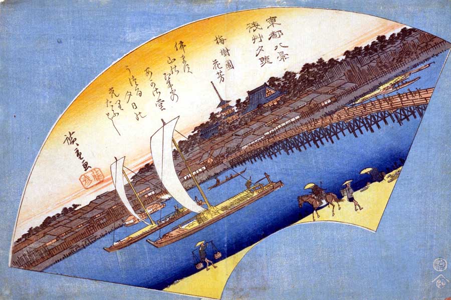 『東都八景浅草夕照』は吾妻橋（大川橋）を扇形に描いた浮世絵（画像 : 国立国会図書館）