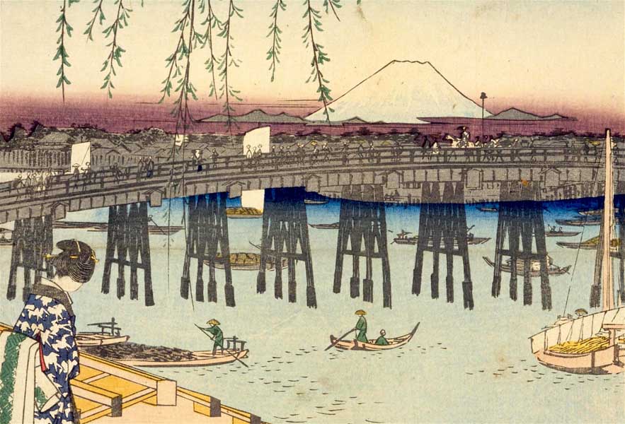 『冨士三十六景 東都両ごく』は両国橋から富士山を望んだ浮世絵として知られる（画像 : 国立国会図書館）