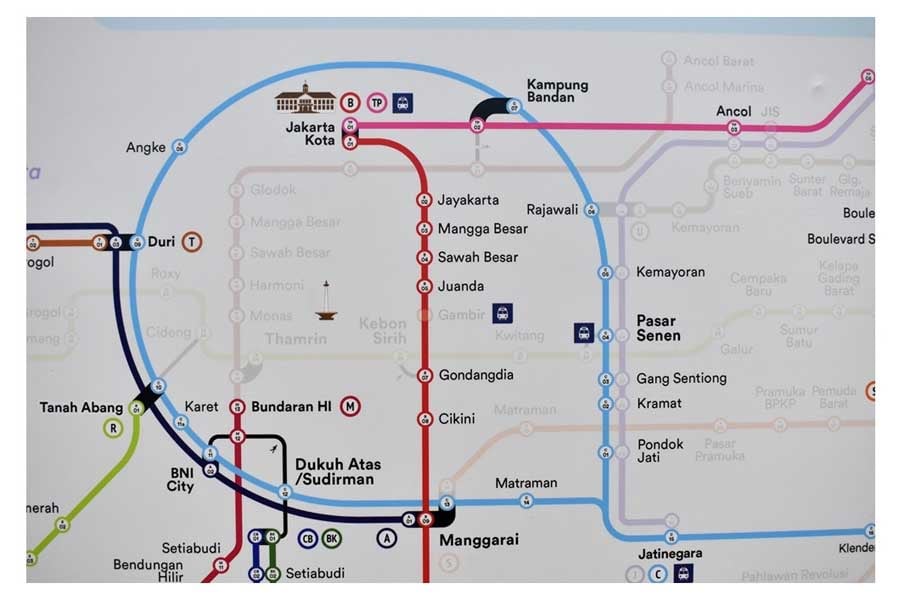 東西線の路線も薄い線で既に記されているジャカルタ首都圏の通勤鉄道路線図(画像:高木聡)