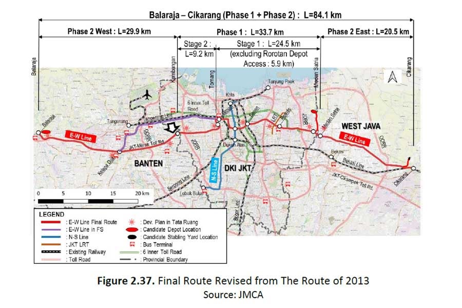 東西線の計画全区間。西側の区間は、日本のF/S提案ではKAIのタンゲラン線に完全に並行するかたちだったが、後にインドネシア側によって南を通るルートに修正された。運輸省資料より(画像:高木聡)