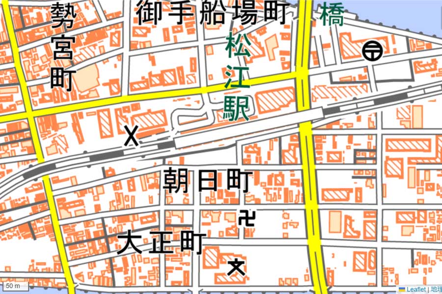 現在の「松江駅」周辺の地図（画像：国土地理院）