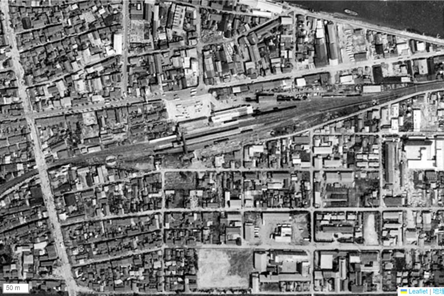 1963年頃の「松江駅」周辺の航空写真（画像：国土地理院）