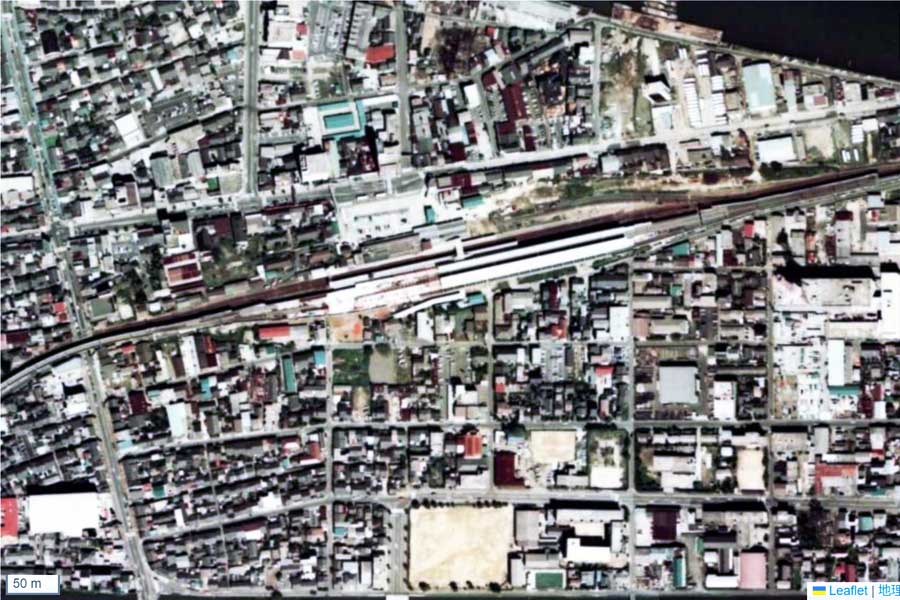 1975年頃の「松江駅」周辺の航空写真（画像：国土地理院）
