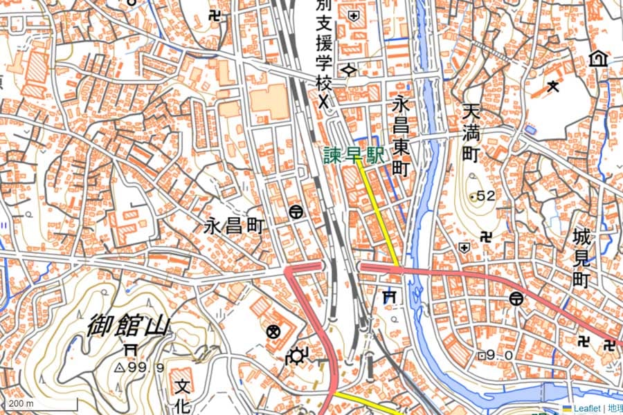 現在の「諫早駅」周辺の地図（画像：国土地理院）