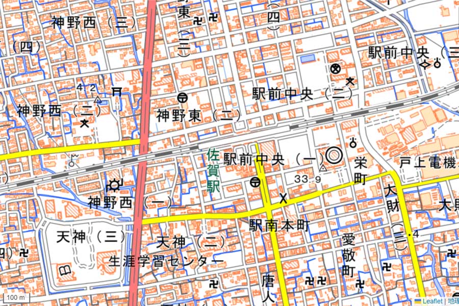 現在の「佐賀駅」周辺の地図（画像：国土地理院）
