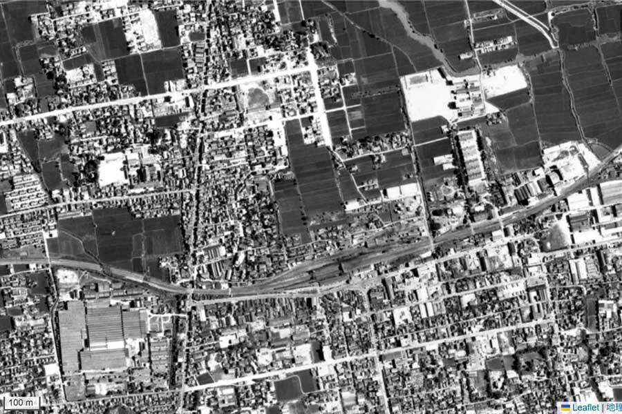 1963年頃の「佐賀駅」周辺の航空写真（画像：国土地理院）