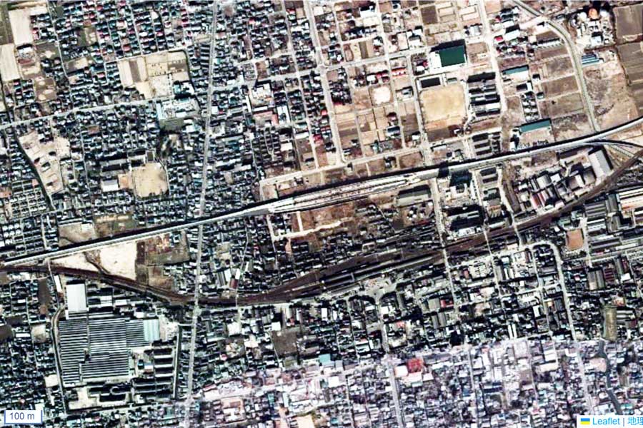 1975年頃の「佐賀駅」周辺の航空写真（画像：国土地理院）