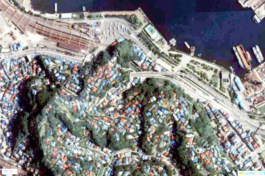 1980年頃の「横須賀駅」周辺の航空写真（画像：国土地理院）