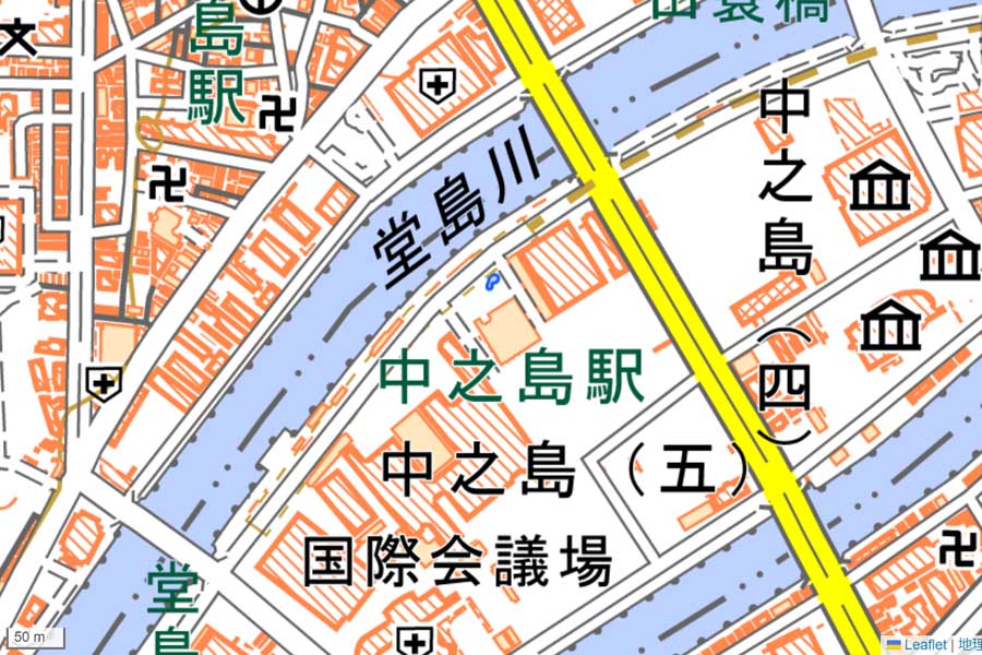 現在の「中之島駅」周辺の地図（画像：国土地理院）