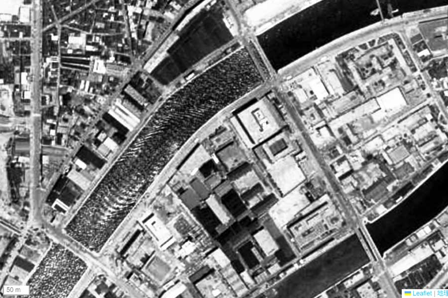 1963年頃に撮影された「中之島駅」周辺の航空写真（画像：国土地理院）