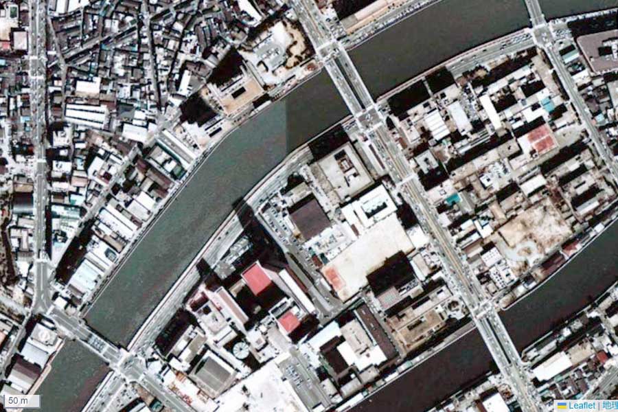 1975年頃に撮影された「中之島駅」周辺の航空写真（画像：国土地理院）
