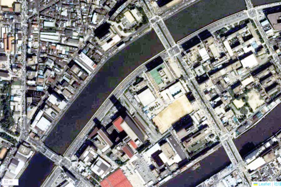 1980年頃に撮影された「中之島駅」周辺の航空写真（画像：国土地理院）