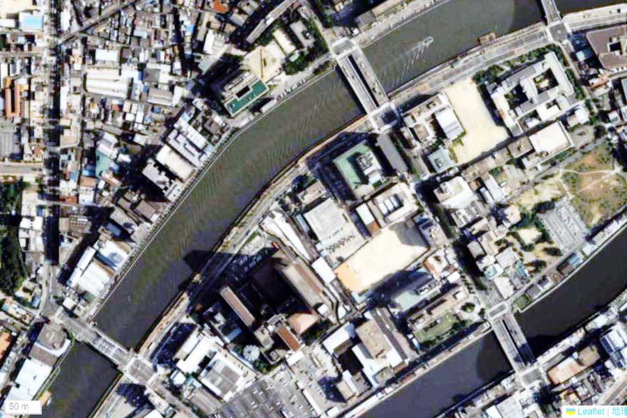 1985年頃に撮影された「中之島駅」周辺の航空写真（画像：国土地理院）