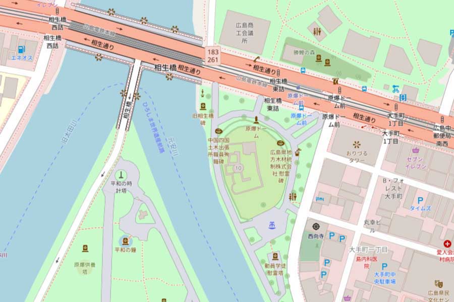 現在の「原爆ドーム」周辺の地図（画像：国土地理院）