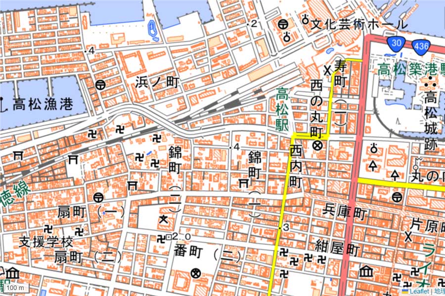 現在の「高松駅」周辺の地図（画像：国土地理院）