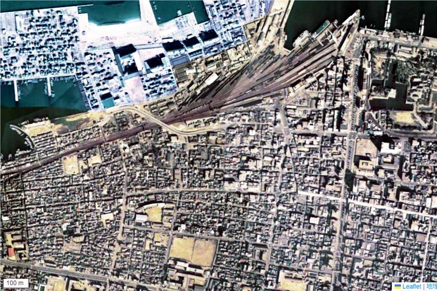 1975年頃の「高松駅」周辺の航空写真（画像：国土地理院）