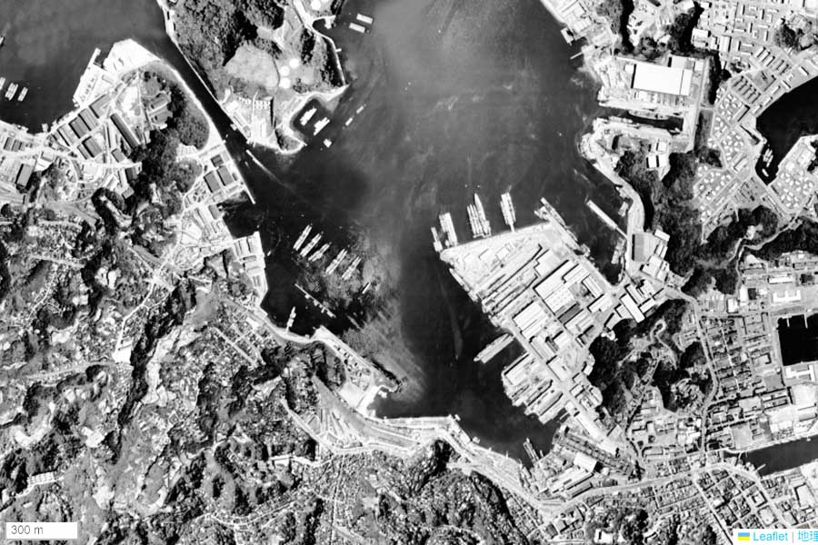 1963年頃の「横須賀本港」周辺の航空写真（画像：国土地理院）