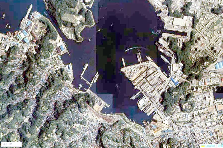 1980年頃の「横須賀本港」周辺の航空写真（画像：国土地理院）