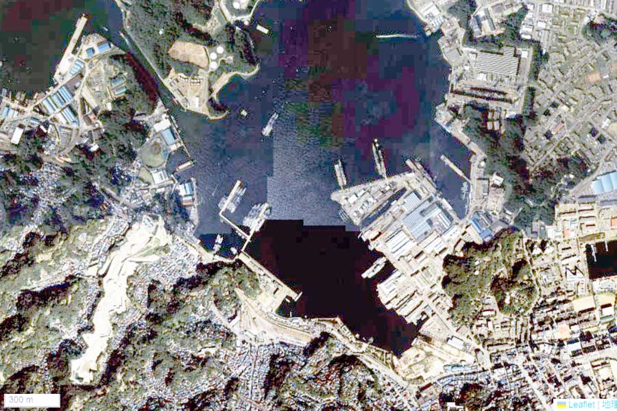 1990年頃の「横須賀本港」周辺の航空写真（画像：国土地理院）