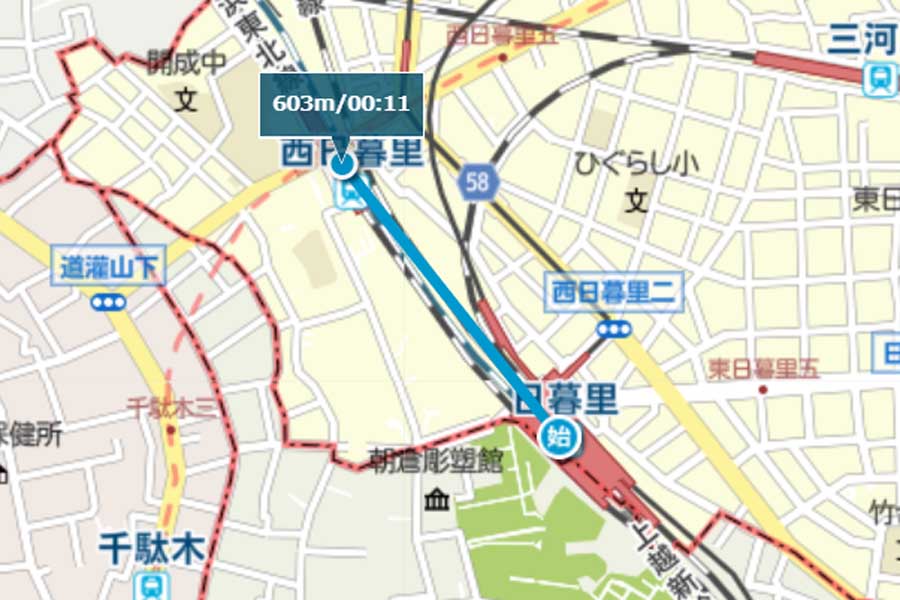 西日暮里駅と日暮里駅の直線距離。距離計測サイト「キョリ測」より(画像:ONE COMPATH)