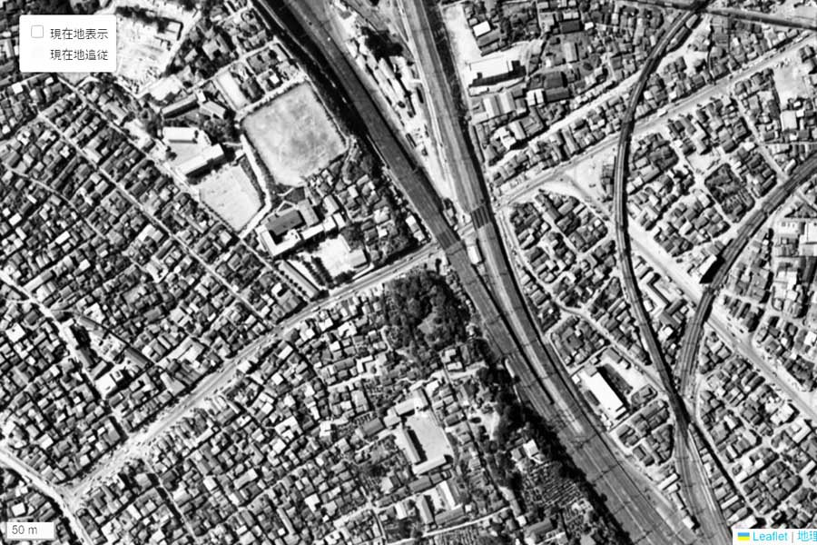 1963年頃の「西日暮里駅」周辺の航空写真（画像：国土地理院）