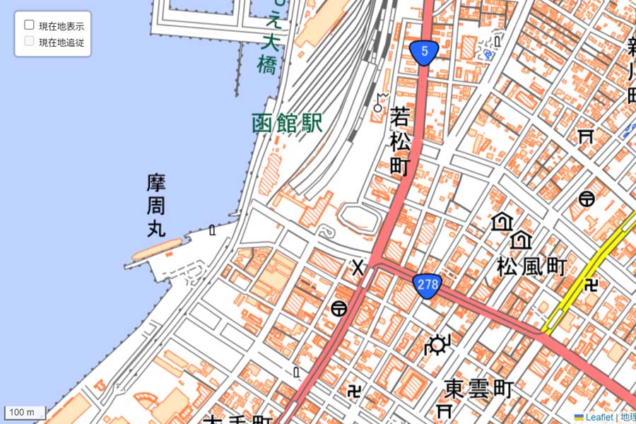 現在の「函館駅」周辺の地図（画像：国土地理院）