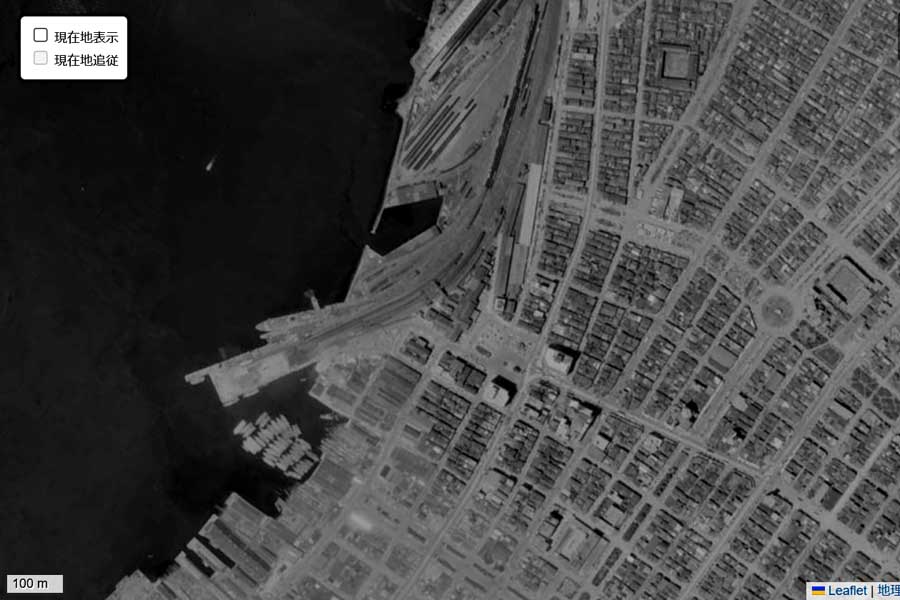 1963年頃に撮影された「函館駅」周辺の航空写真（画像：国土地理院）
