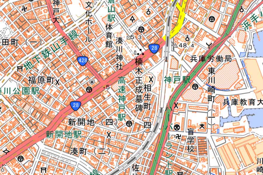 現在の「神戸駅」周辺の地図（画像：国土地理院）