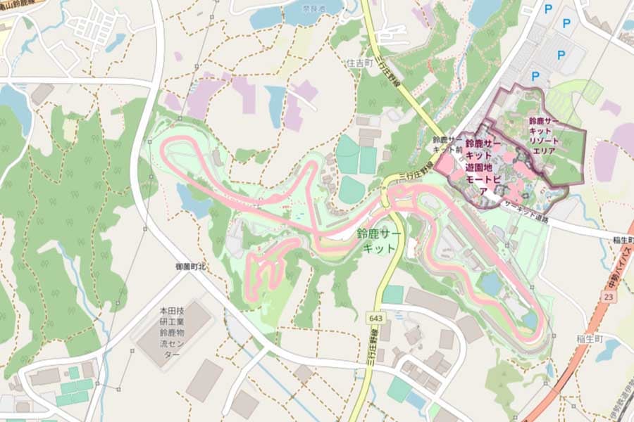 現在の「鈴鹿サーキット」周辺の地図（画像：国土地理院）