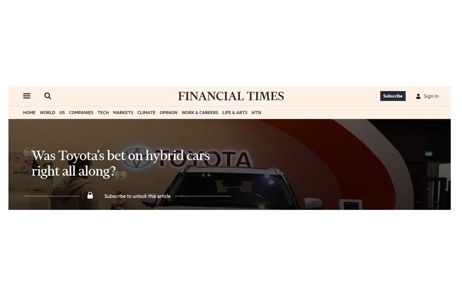 フィナンシャル・タイムズの記事「トヨタがHVに賭けたのは最初から正しかったのか」（画像：フィナンシャル・タイムズ）