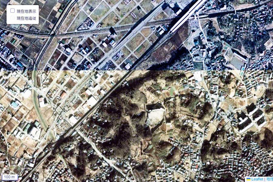 1975年頃に撮影された「新横浜駅」周辺の航空写真（画像：国土地理院）