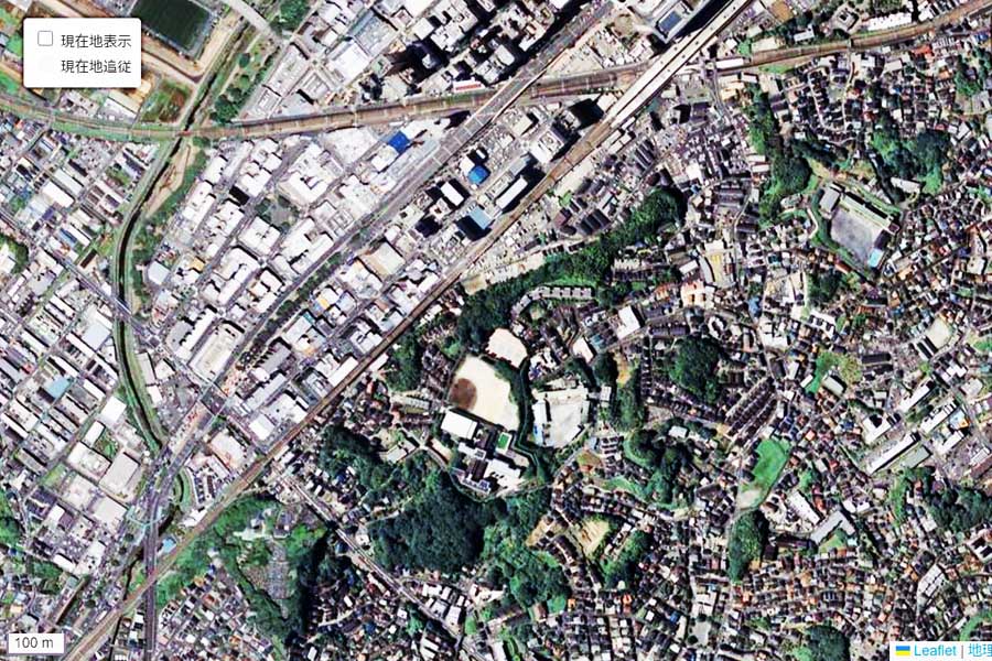 現在の「新横浜駅」周辺の航空写真（画像：国土地理院）