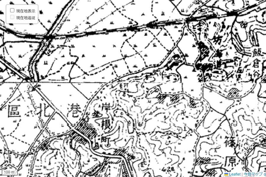 1950年頃に撮影された「新横浜駅」周辺の地図（画像：国土地理院）