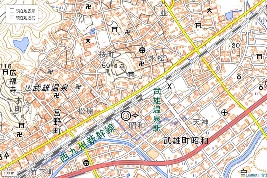現在の「武雄温泉駅」周辺の地図（画像：国土地理院）