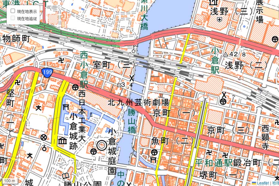 現在の「小倉駅」周辺の地図（画像：国土地理院）