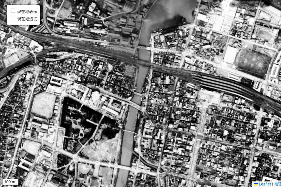 1963年頃に撮影された「小倉駅」周辺の航空写真（画像：国土地理院）