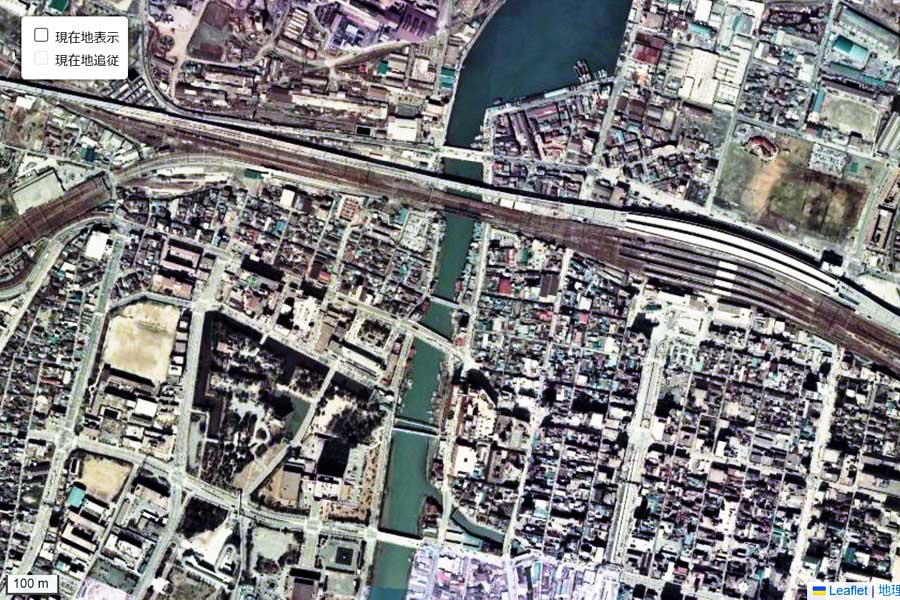 1975年頃に撮影された「小倉駅」周辺の航空写真（画像：国土地理院）